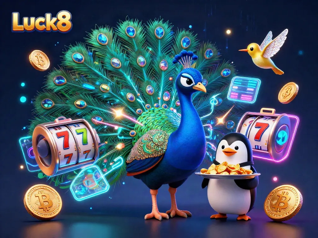 Experience thrilling gameplay at Luck8 with a vibrant casino illustration featuring a peacock, penguin, and hummingbird.