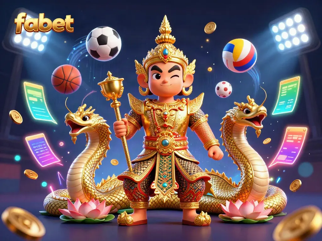 Experience fabet's vibrant gambling scene with a friendly yaksha guardian and dynamic sports elements.
