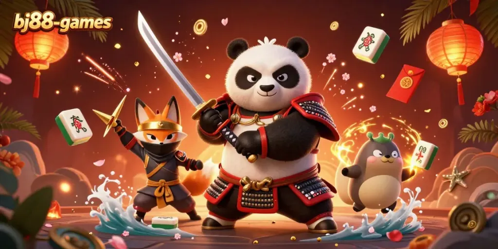 Engage in high-stakes fun at bj88-games with a vibrant casino-themed 3D illustration featuring dynamic, colorful characters.