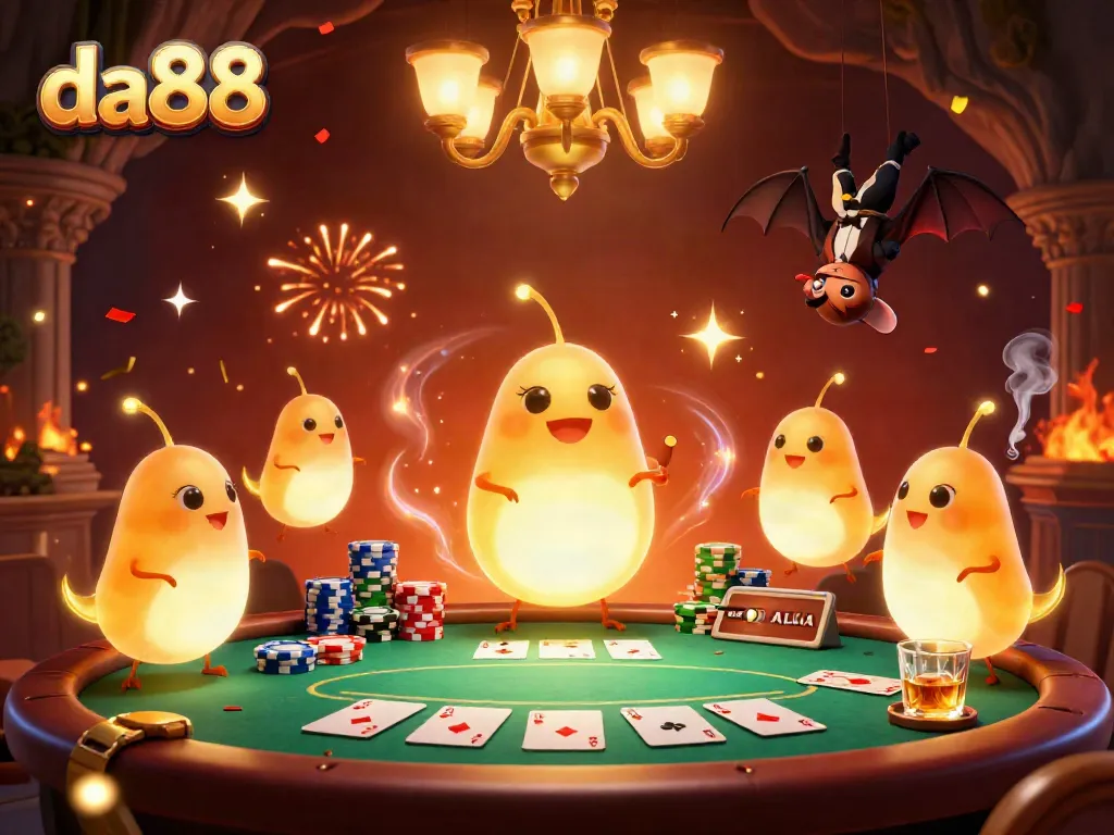 Win at da88 with glowing glowworms illuminating a vibrant casino scene featuring poker action.