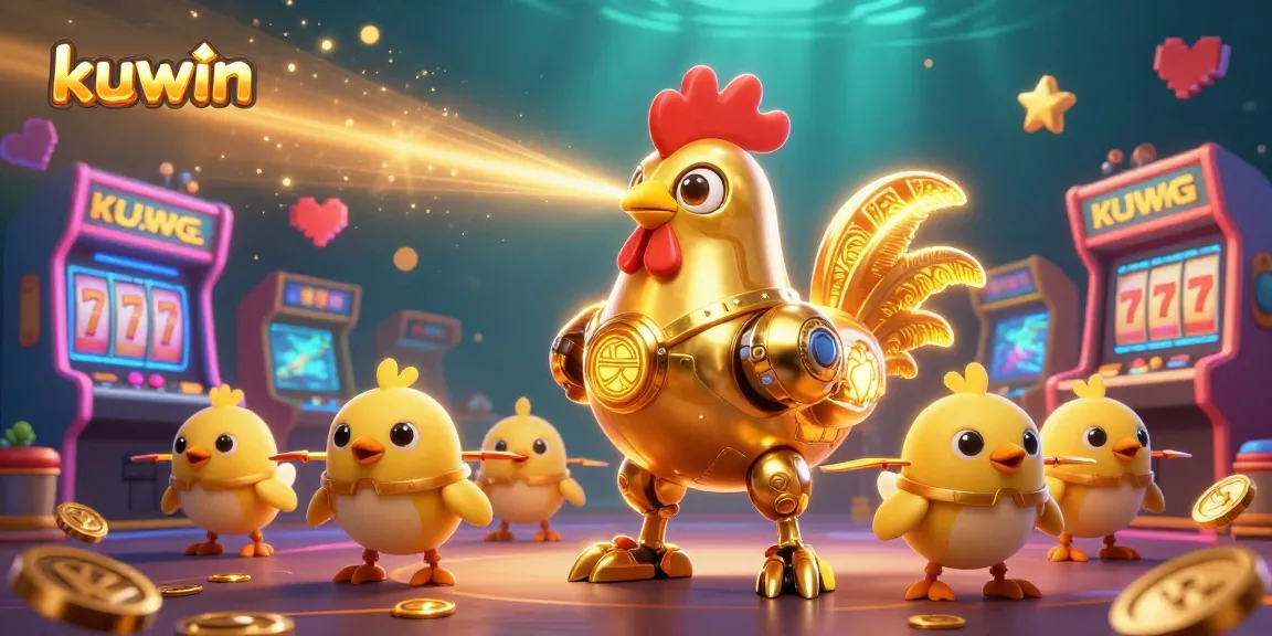 Experience thrilling action with kuwin's golden rooster robot and baby chicks in a vibrant 3D casino scene.