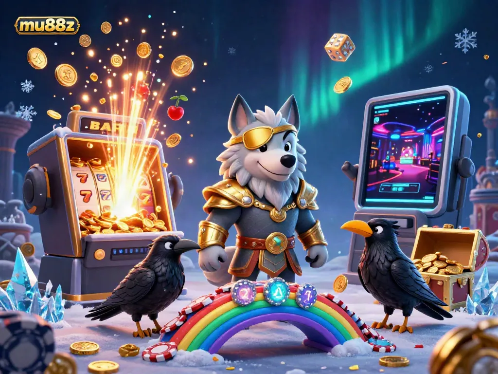 Experience thrilling wins with mu88z featuring an Odin wolf and casino jackpot symbols.