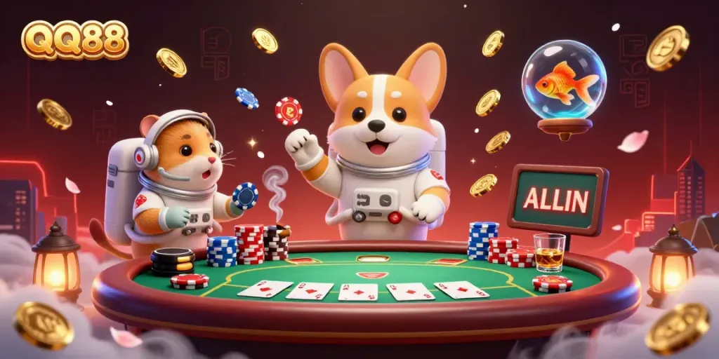 Experience thrilling gaming action at QQ88 with vibrant 3D casino and animated characters for gamblers.