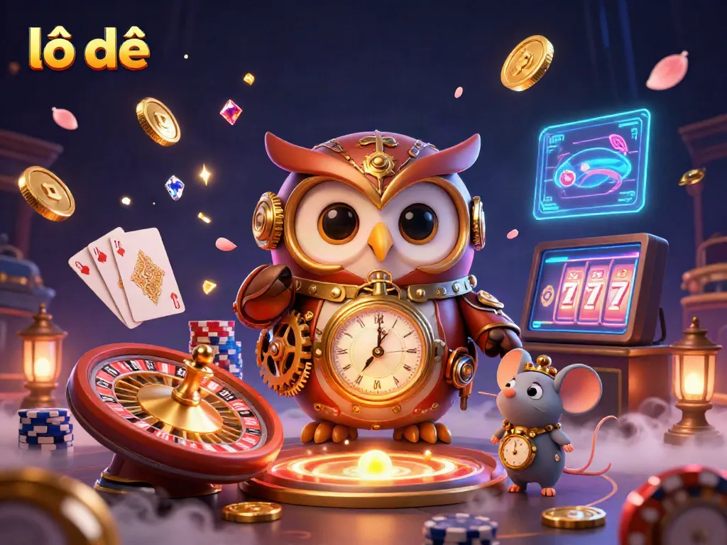 Engage with the vibrant lô đề casino theme featuring a time-traveler owl amidst dynamic game elements.