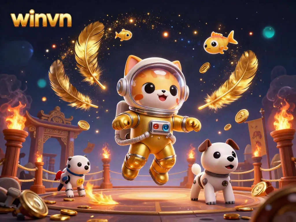 Engage with winvn's dynamic gaming experience through vibrant 3D illustration with gambling elements.