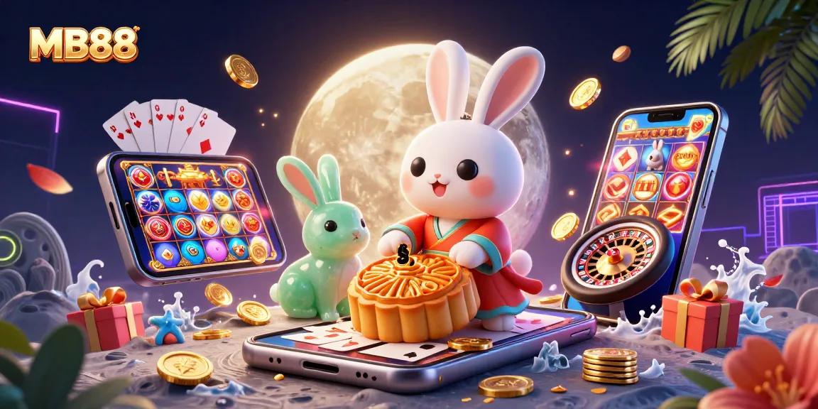Experience thrilling gaming with MB88, featuring a vibrant scene of a moon rabbit and poker chips amidst casino elements.