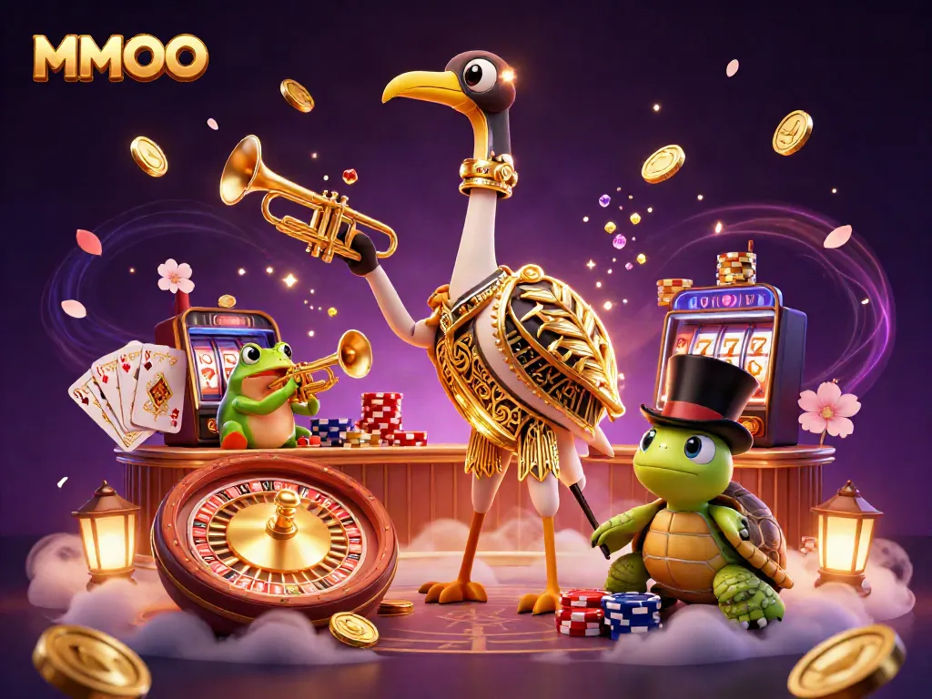 MMOO players enjoy diverse games while celebrating with characters in a vibrant casino scene.