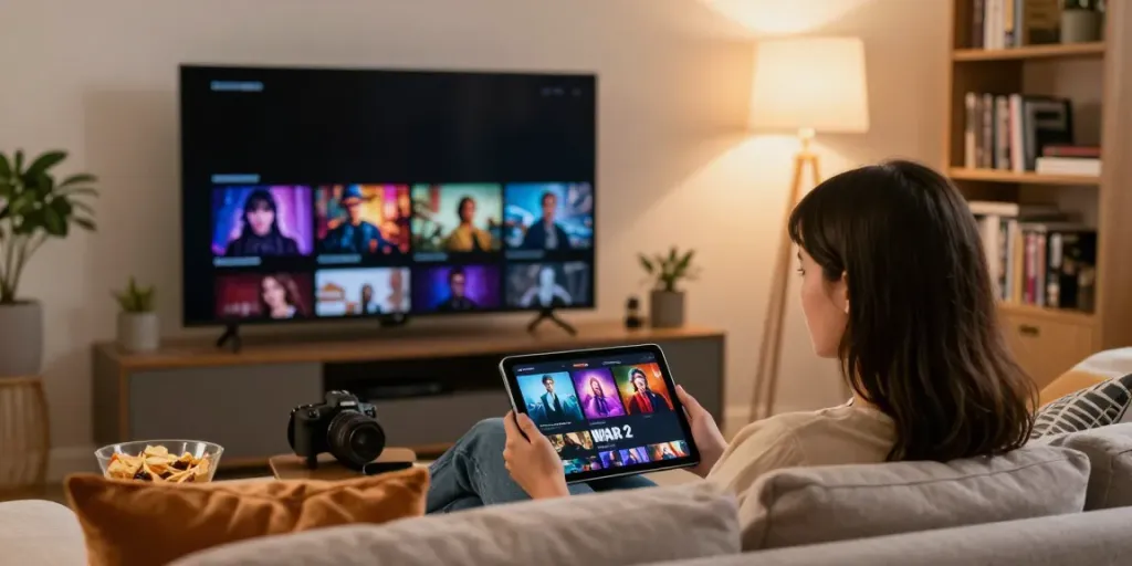 CocoFlix user enjoying a cozy movie night at home, streaming popular shows.