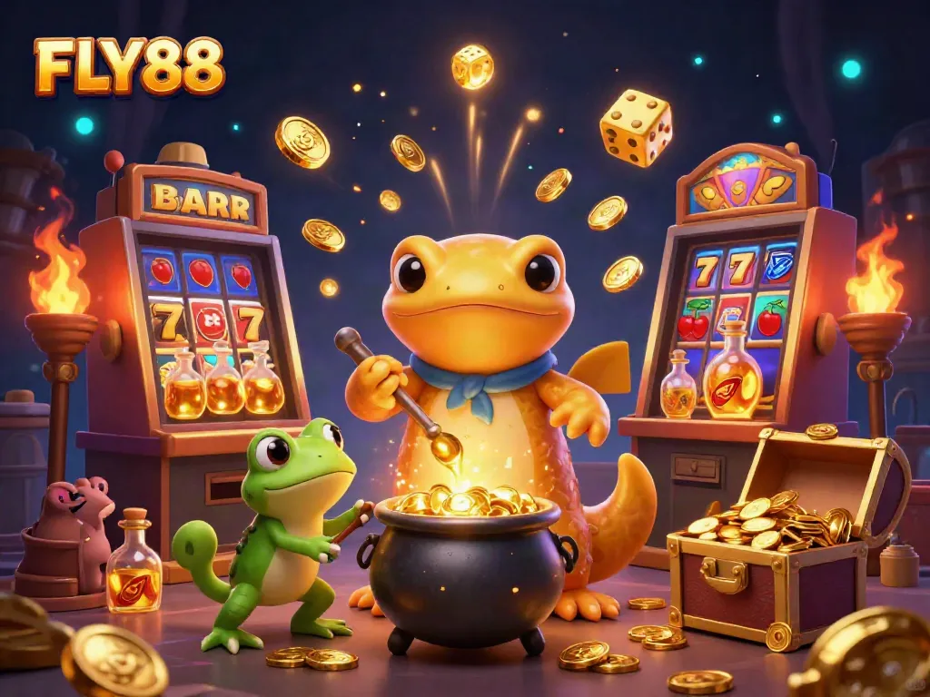 FLY88 presents a vibrant 3D casino scene showcasing a golden salamander alchemist and thrilling gaming elements.