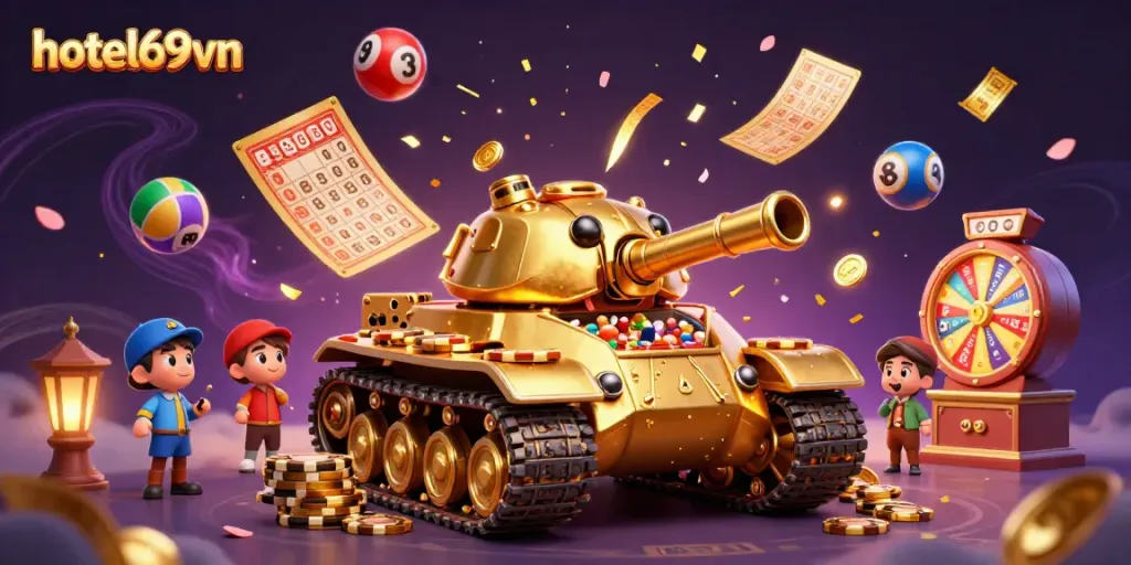 Experience the excitement of hotel69vn with a golden beetle tank casino, coins, and dynamic lottery elements.