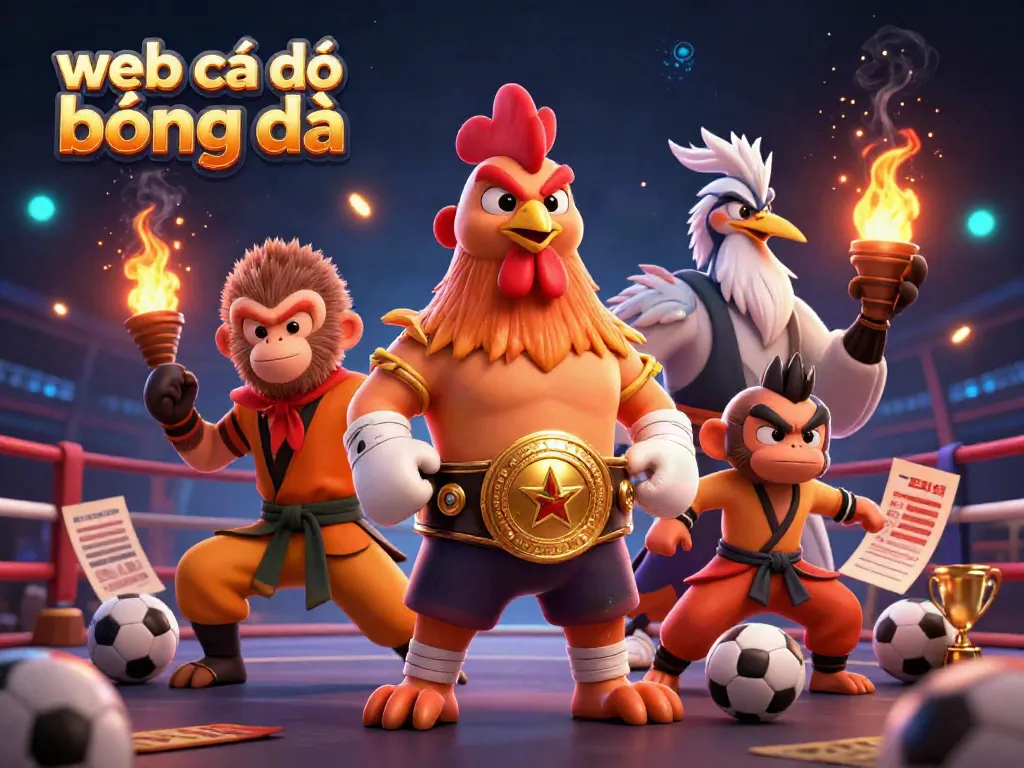 Engaging illustration of web cá độ bóng đá featuring a Muay Thai rooster, Shaolin monkey, and crane master amidst sports and betting elements.