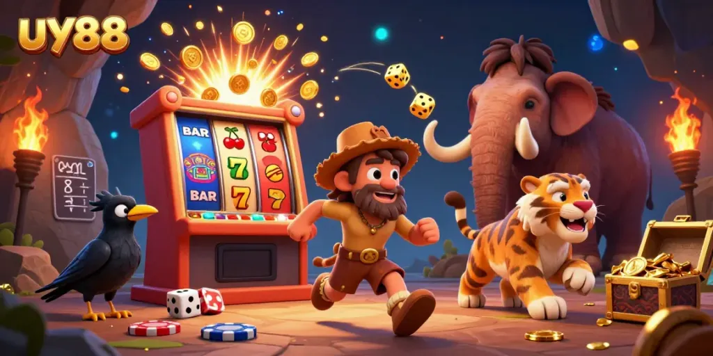 Experience the thrill of uy88 with 3D cartoon characters in a vibrant casino scene full of colorful elements and excitement.