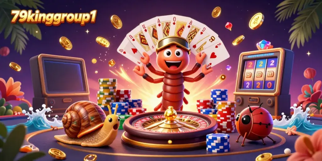 Experience thrilling gameplay with 79kinggroup1's vibrant casino scene, showcasing exciting card games and substantial chip stacks.