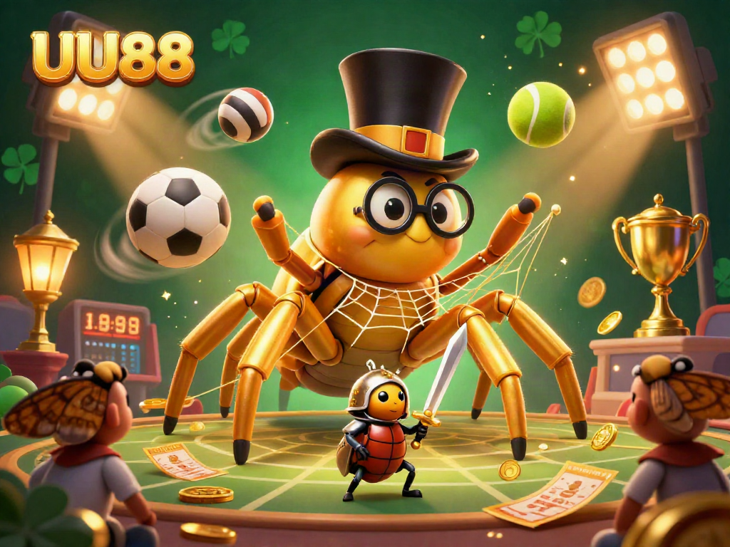 Experience the thrill of sports betting with UU88 in this vibrant 3D illustration featuring a golden tarantula and beetle knight.